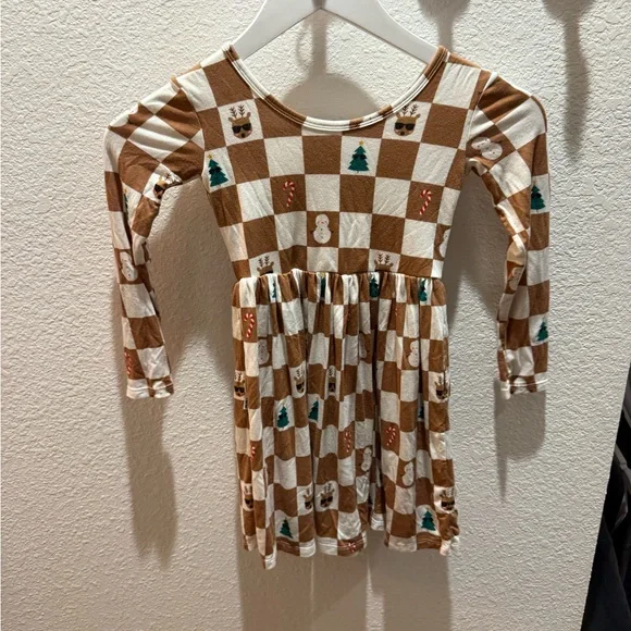 Brown and White Checkered Long Sleeve Dress Little Sleepies - Picture 3 of 3